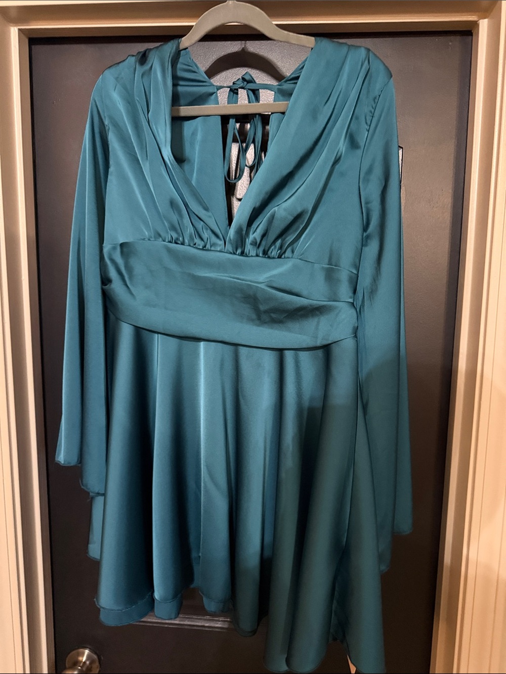 SHEIN Teal Satin Long Sleeve V-Neck Fit & Flare Dress
